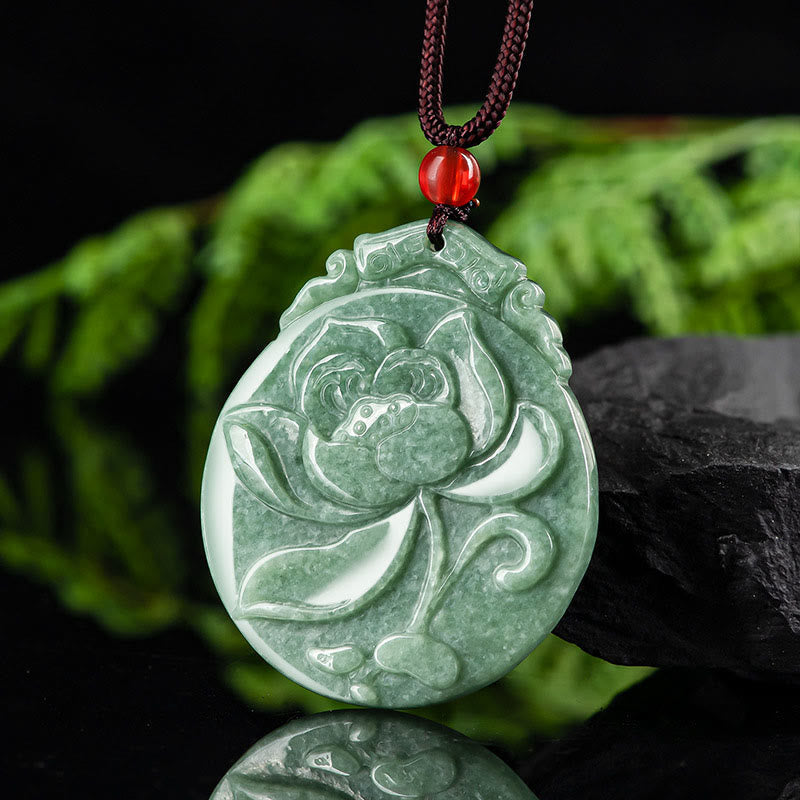 Wear FengShui Round Lotus Pattern Jade Abundance Prosperity Necklace Rope Pendant
