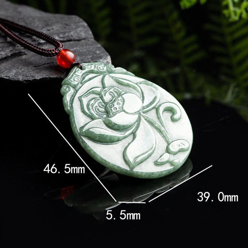 Wear FengShui Round Lotus Pattern Jade Abundance Prosperity Necklace Rope Pendant