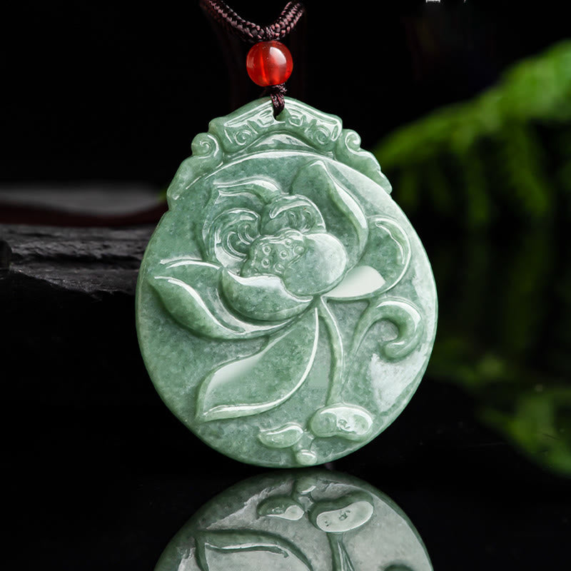 Wear FengShui Round Lotus Pattern Jade Abundance Prosperity Necklace Rope Pendant