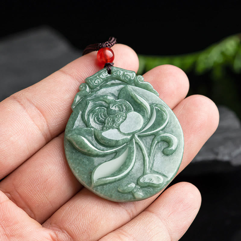 Wear FengShui Round Lotus Pattern Jade Abundance Prosperity Necklace Rope Pendant