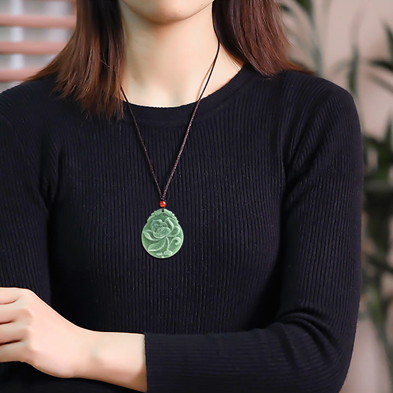 Wear FengShui Round Lotus Pattern Jade Abundance Prosperity Necklace Rope Pendant