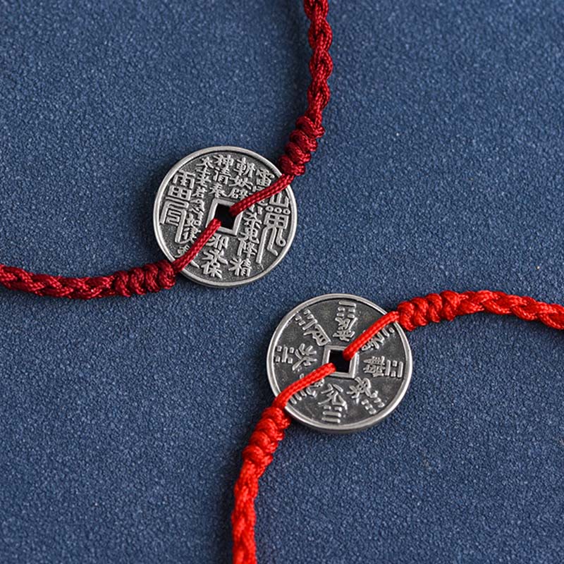 Wear FengShui 925 Sterling Silver Coin Protection Braided Bracelet Anklet