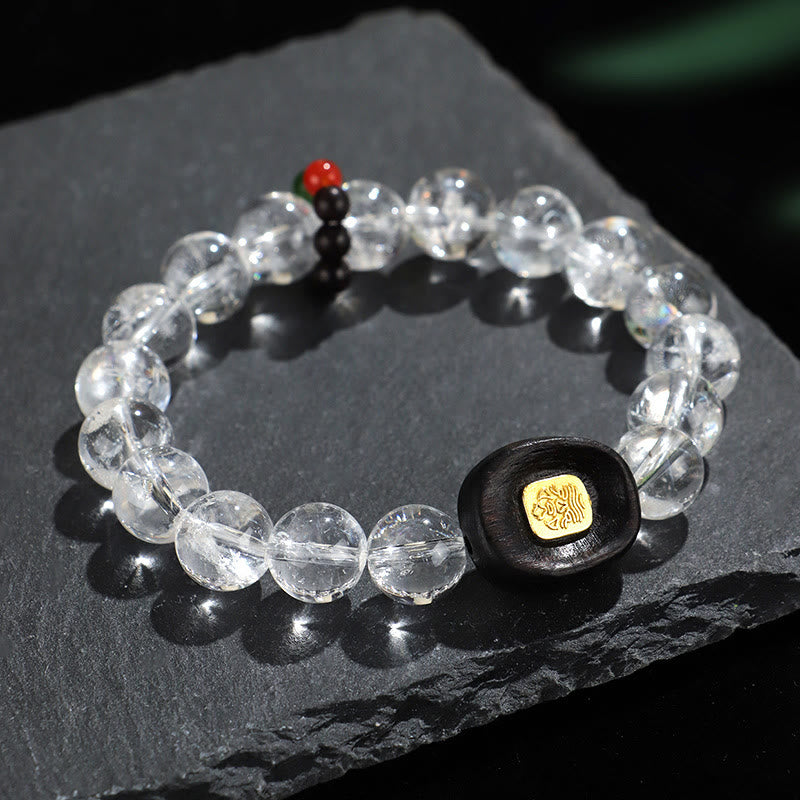 Wear FengShui White Crystal Ebony Wood Sak Yant Zashi Lhamo Healing Bracelet