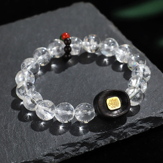 Wear FengShui White Crystal Ebony Wood Sak Yant Zashi Lhamo Healing Bracelet