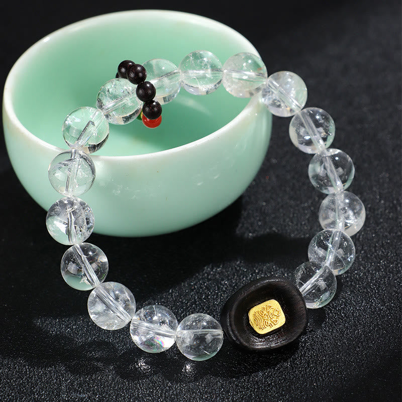 Wear FengShui White Crystal Ebony Wood Sak Yant Zashi Lhamo Healing Bracelet