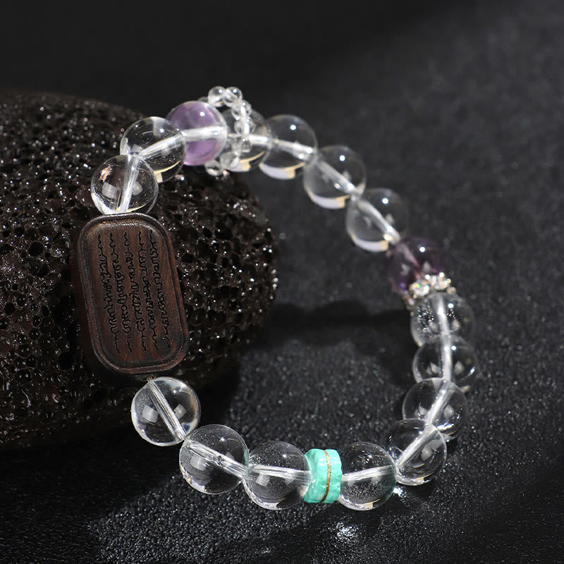 Wear FengShui White Crystal Ebony Wood Sak Yant Zashi Lhamo Healing Bracelet