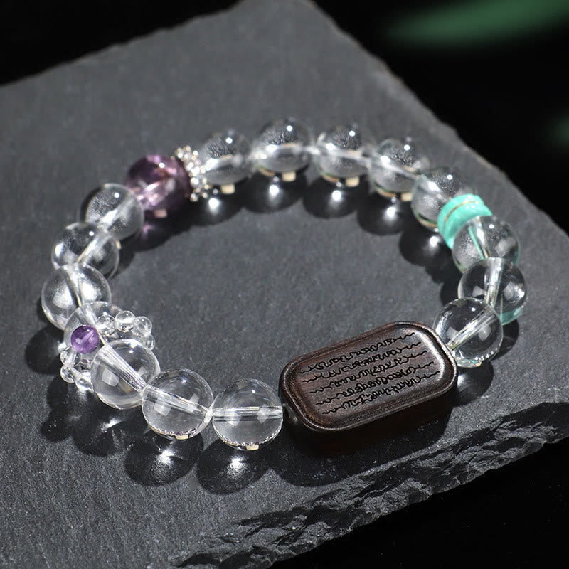 Wear FengShui White Crystal Ebony Wood Sak Yant Zashi Lhamo Healing Bracelet