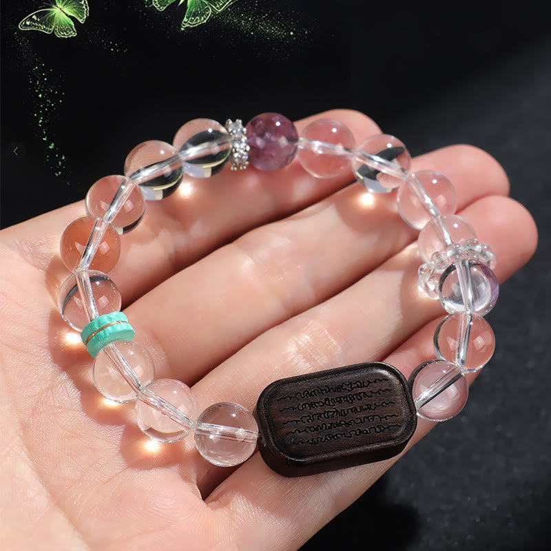 Wear FengShui White Crystal Ebony Wood Sak Yant Zashi Lhamo Healing Bracelet