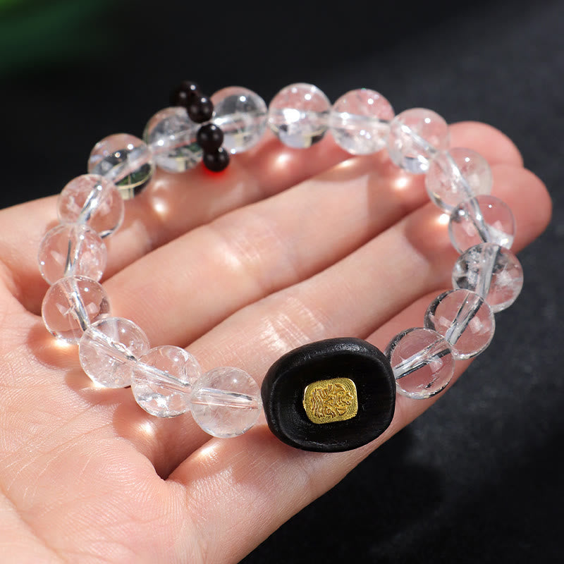 Wear FengShui White Crystal Ebony Wood Sak Yant Zashi Lhamo Healing Bracelet