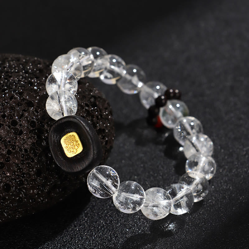 Wear FengShui White Crystal Ebony Wood Sak Yant Zashi Lhamo Healing Bracelet