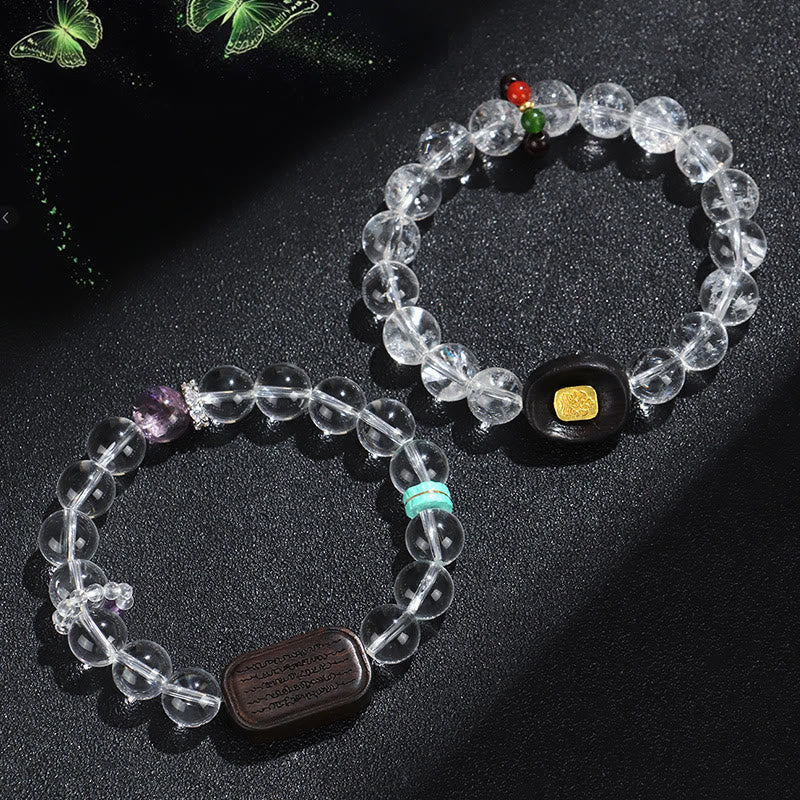 Wear FengShui White Crystal Ebony Wood Sak Yant Zashi Lhamo Healing Bracelet