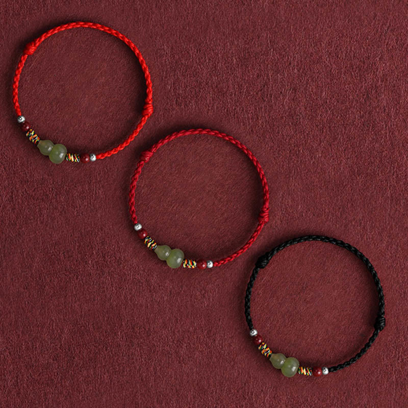 Wear FengShui Natural Hetian Jade Gourd Protection Luck Braided Bracelet Anklet