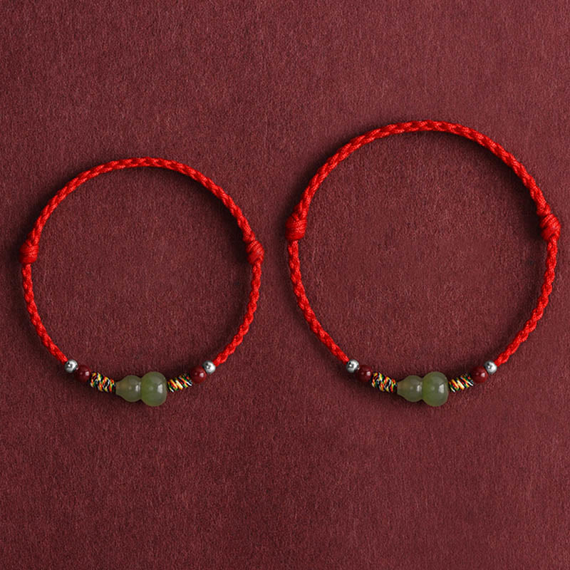 Wear FengShui Natural Hetian Jade Gourd Protection Luck Braided Bracelet Anklet