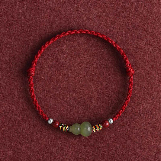 Wear FengShui Natural Hetian Jade Gourd Protection Luck Braided Bracelet Anklet