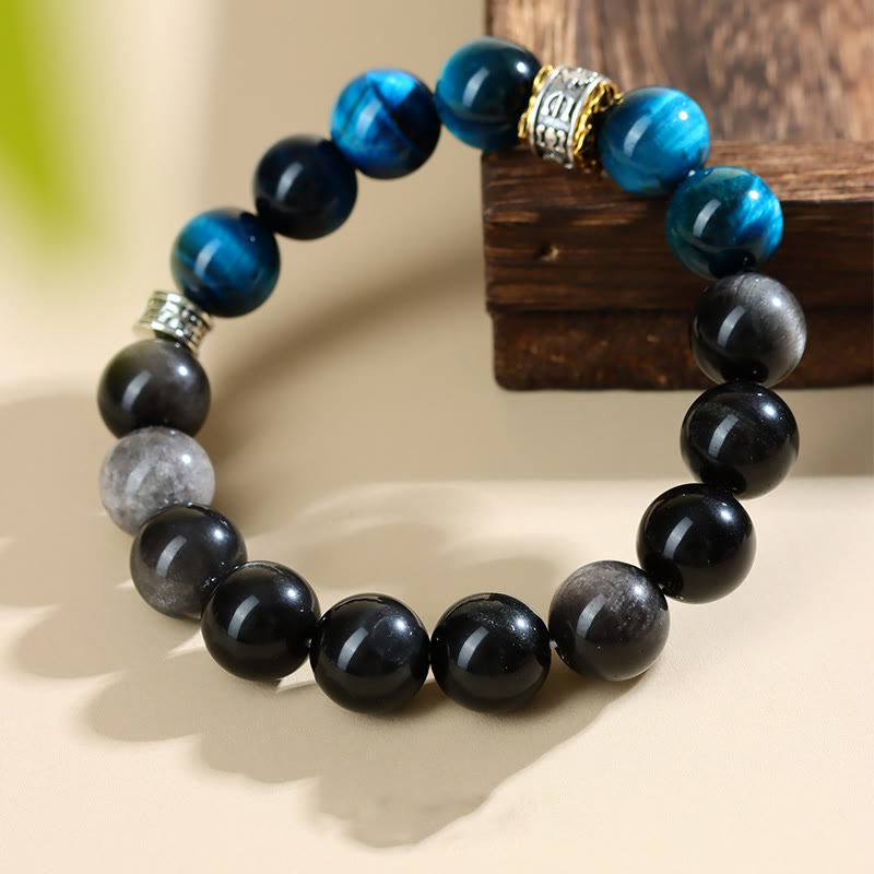 Wear FengShui Blue Tiger Eye Silver Sheen Obsidian Strength Bracelet