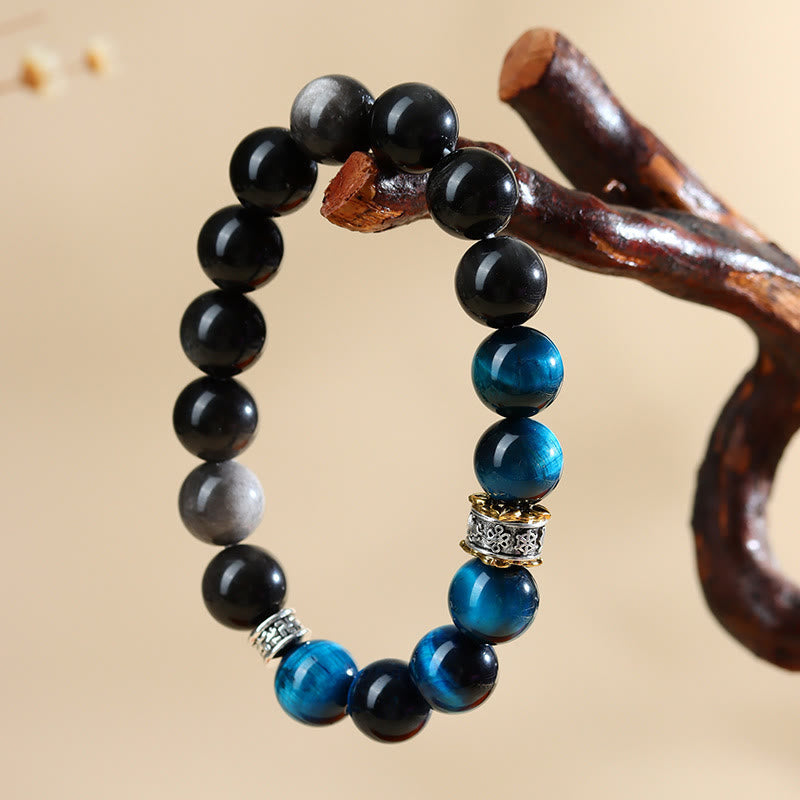 Wear FengShui Blue Tiger Eye Silver Sheen Obsidian Strength Bracelet