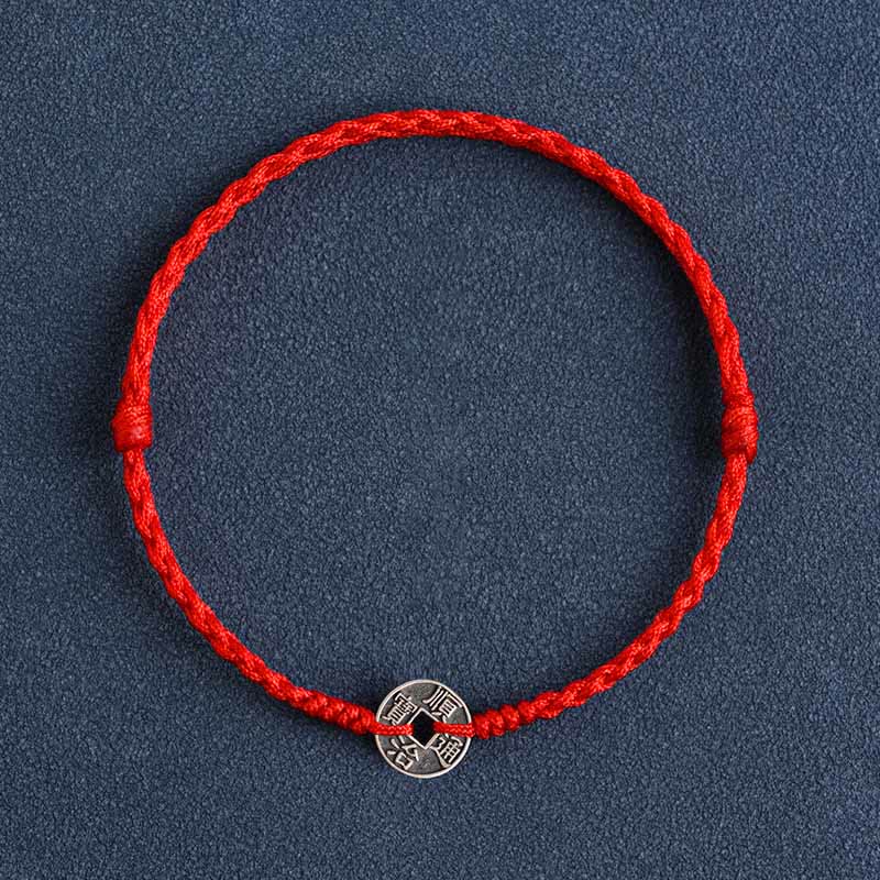 Wear FengShui 925 Sterling Silver Five Emperor Coins Red String Protection Luck Braided Bracelet Anklet
