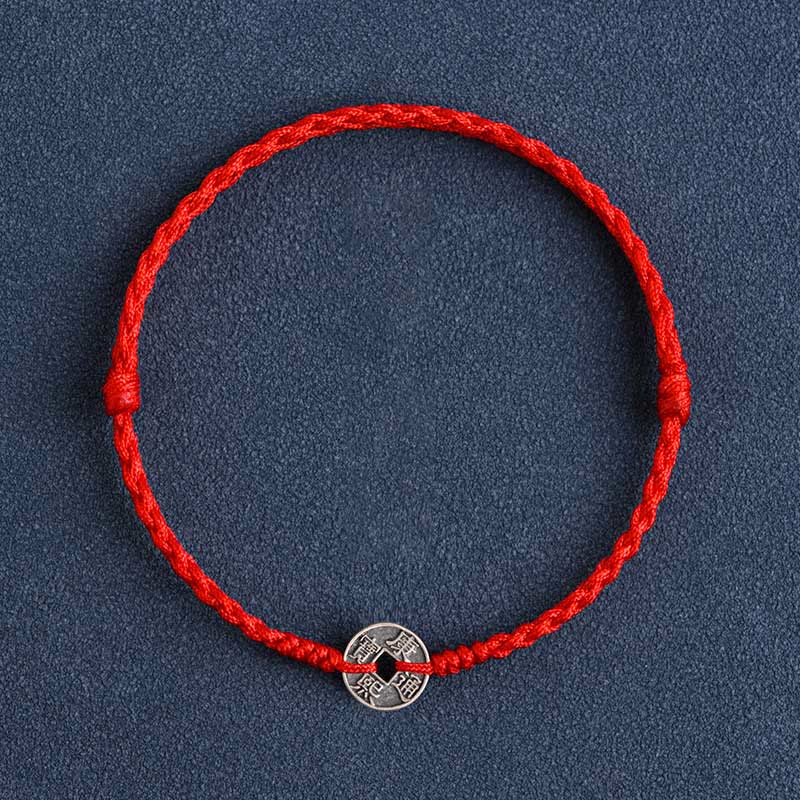 Wear FengShui 925 Sterling Silver Five Emperor Coins Red String Protection Luck Braided Bracelet Anklet