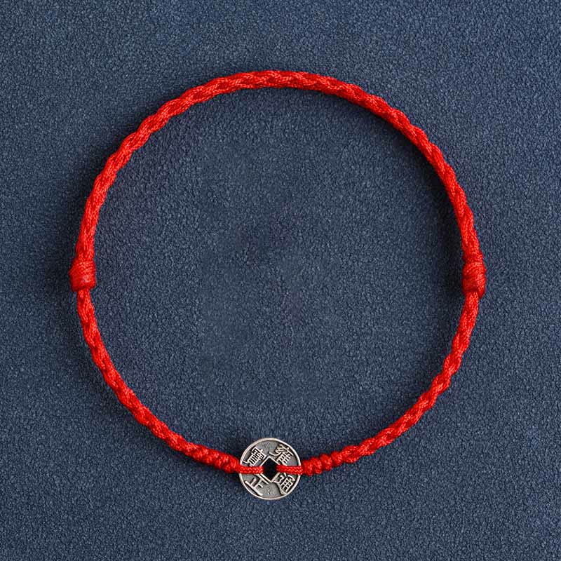 Wear FengShui 925 Sterling Silver Five Emperor Coins Red String Protection Luck Braided Bracelet Anklet