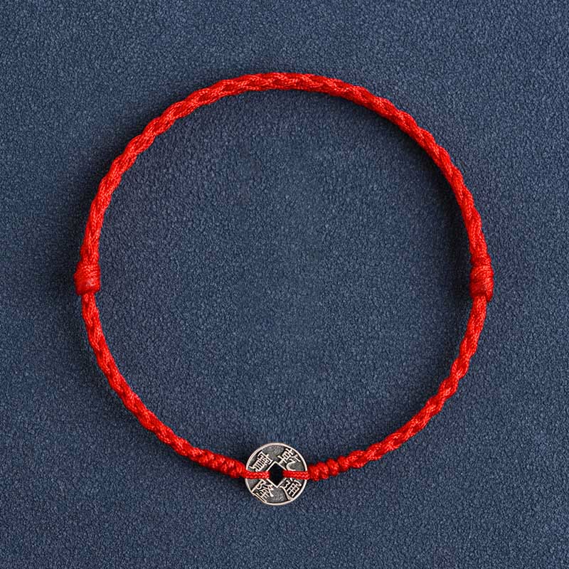 Wear FengShui 925 Sterling Silver Five Emperor Coins Red String Protection Luck Braided Bracelet Anklet