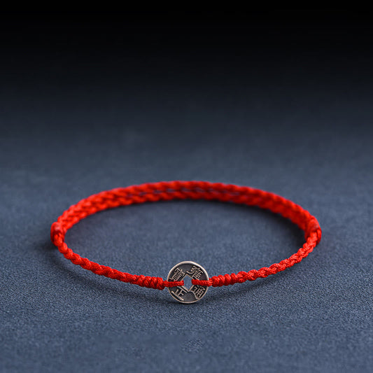 Wear FengShui 925 Sterling Silver Five Emperor Coins Red String Protection Luck Braided Bracelet Anklet