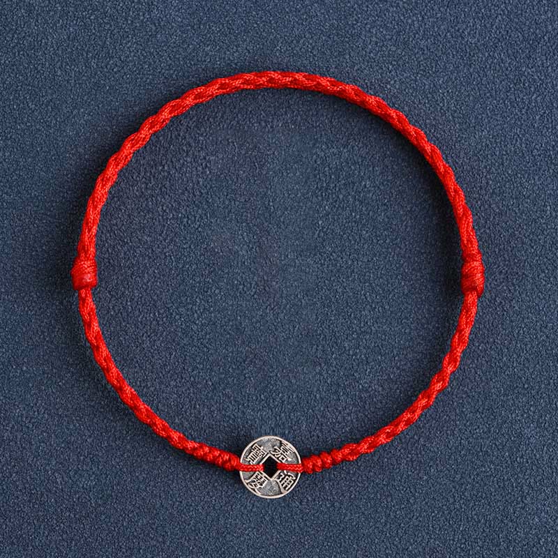 Wear FengShui 925 Sterling Silver Five Emperor Coins Red String Protection Luck Braided Bracelet Anklet