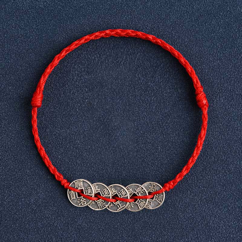 Wear FengShui 925 Sterling Silver Five Emperor Coins Red String Protection Luck Braided Bracelet Anklet