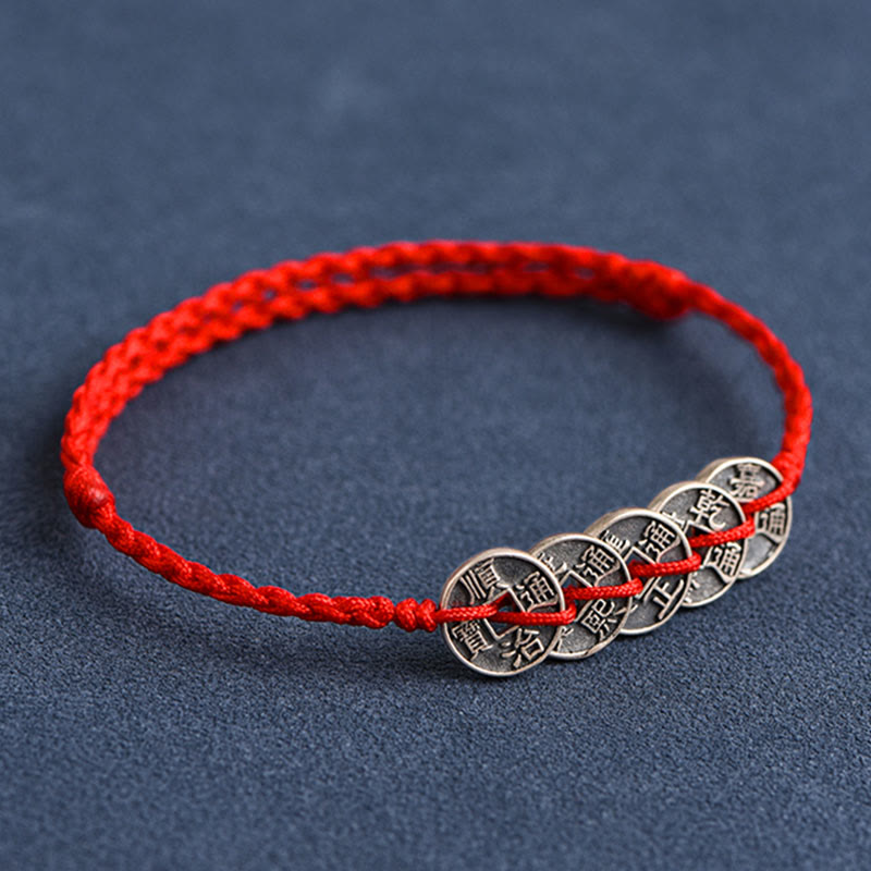 Wear FengShui 925 Sterling Silver Five Emperor Coins Red String Protection Luck Braided Bracelet Anklet