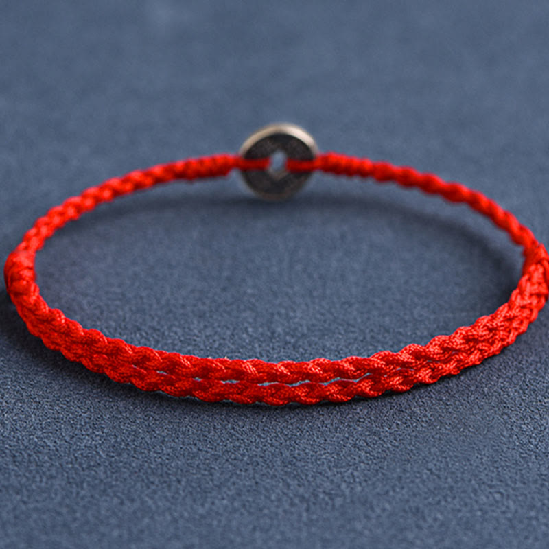 Wear FengShui 925 Sterling Silver Five Emperor Coins Red String Protection Luck Braided Bracelet Anklet