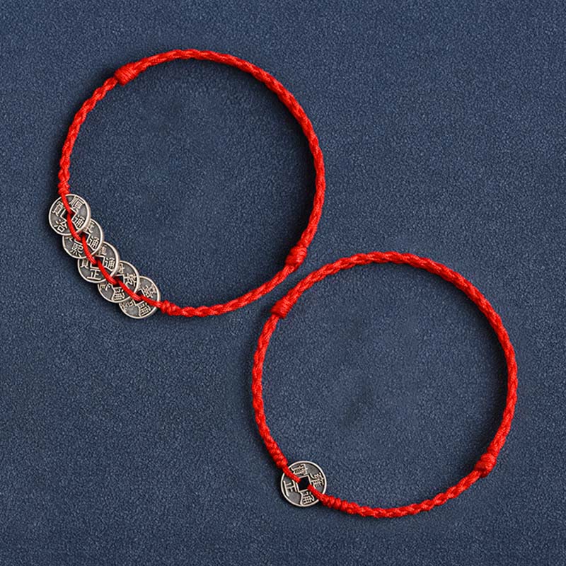 Wear FengShui 925 Sterling Silver Five Emperor Coins Red String Protection Luck Braided Bracelet Anklet