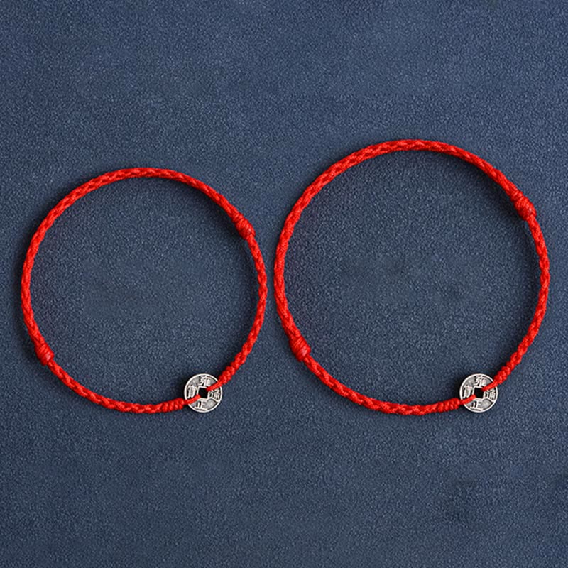 Wear FengShui 925 Sterling Silver Five Emperor Coins Red String Protection Luck Braided Bracelet Anklet
