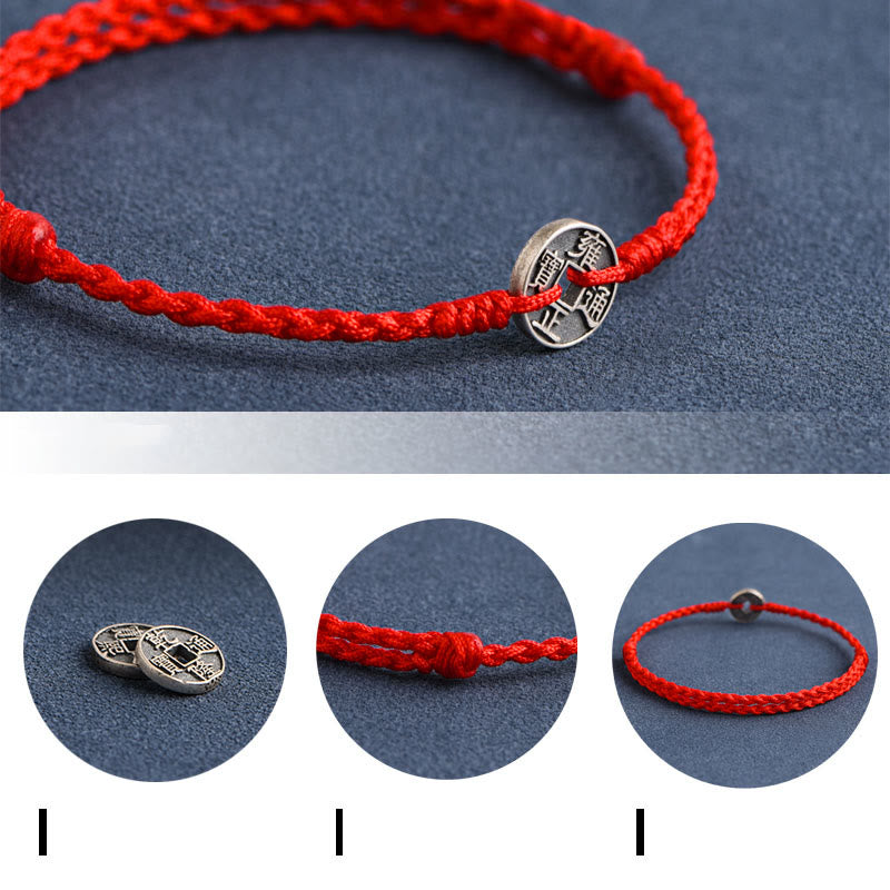 Wear FengShui 925 Sterling Silver Five Emperor Coins Red String Protection Luck Braided Bracelet Anklet