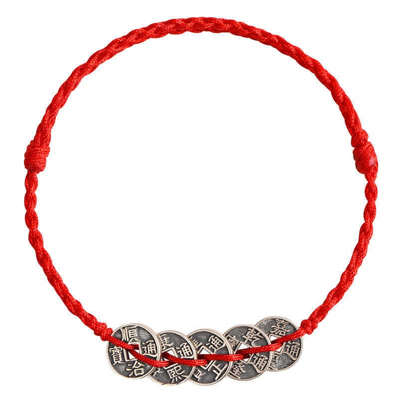 Wear FengShui 925 Sterling Silver Five Emperor Coins Red String Protection Luck Braided Bracelet Anklet