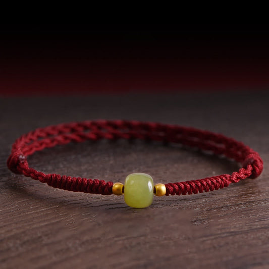 Wear FengShui Natural Hetian Jade 999 Gold Beads Protection Luck Braided Bracelet Anklet