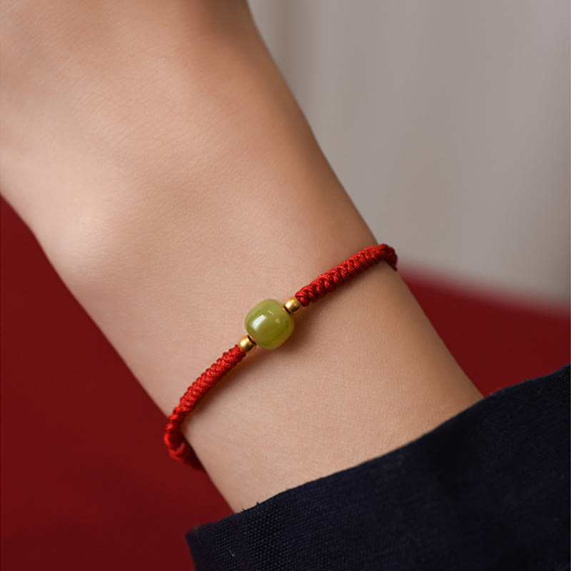 Wear FengShui Natural Hetian Jade 999 Gold Beads Protection Luck Braided Bracelet Anklet