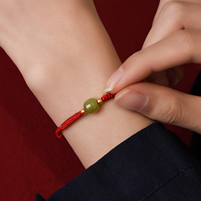Wear FengShui Natural Hetian Jade 999 Gold Beads Protection Luck Braided Bracelet Anklet
