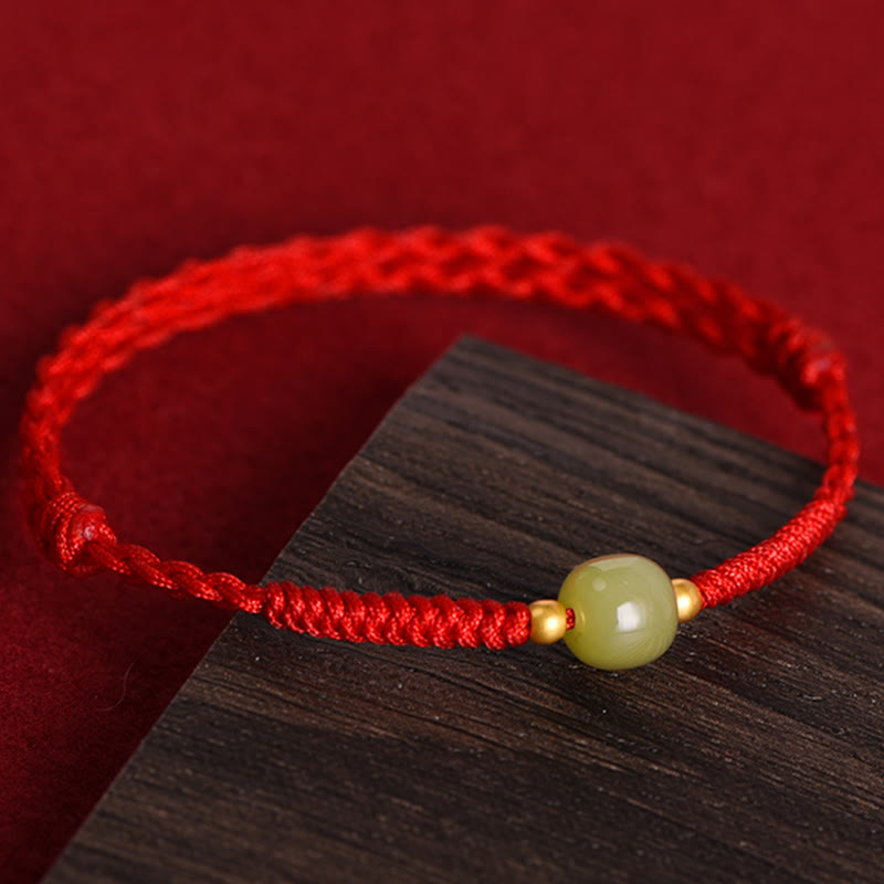 Wear FengShui Natural Hetian Jade 999 Gold Beads Protection Luck Braided Bracelet Anklet