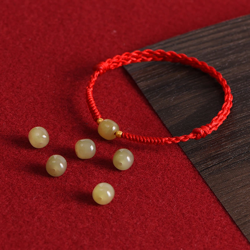 Wear FengShui Natural Hetian Jade 999 Gold Beads Protection Luck Braided Bracelet Anklet
