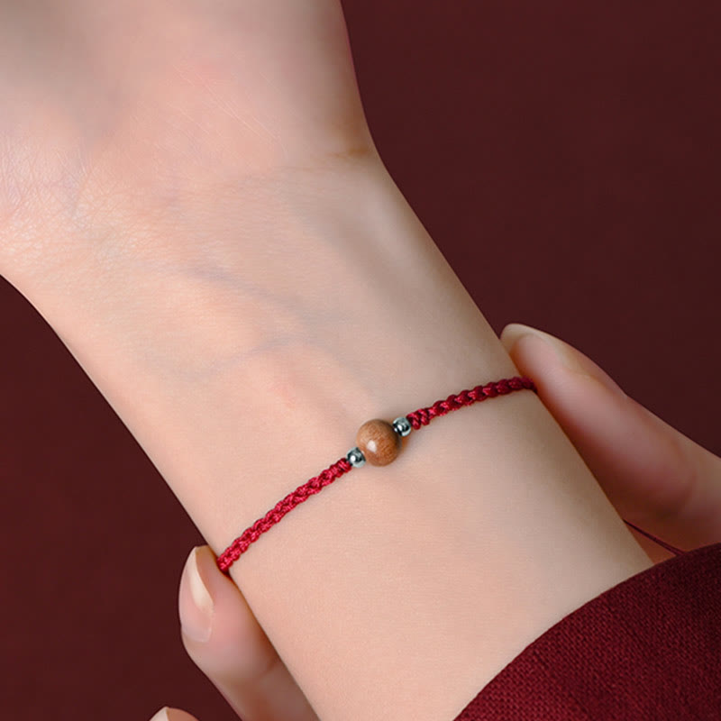 Wear FengShui Natural Peach Wood Bead Luck Braided Bracelet Anklet