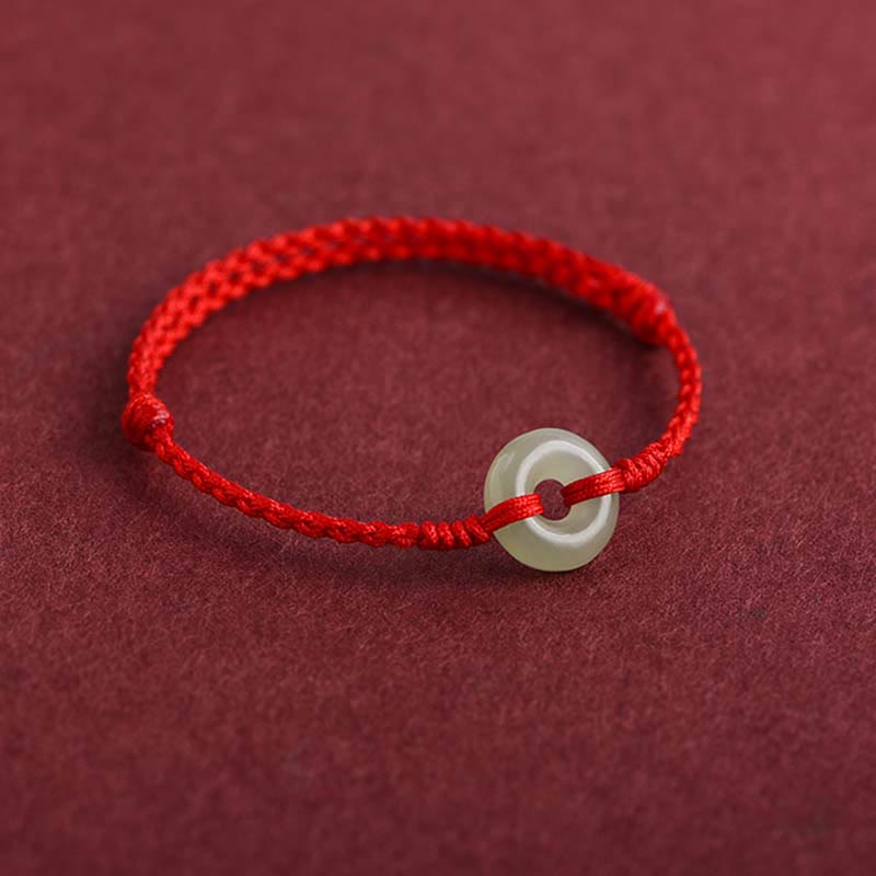 Wear FengShui Natural Hetian Jade Peace Buckle Protection Luck Braided Bracelet Anklet