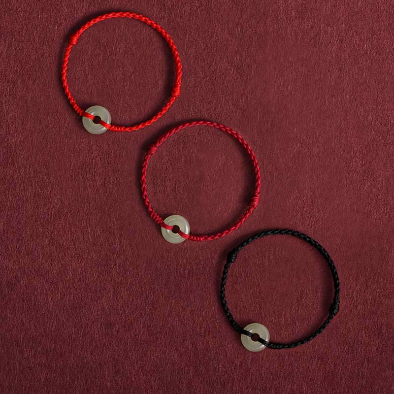 Wear FengShui Natural Hetian Jade Peace Buckle Protection Luck Braided Bracelet Anklet