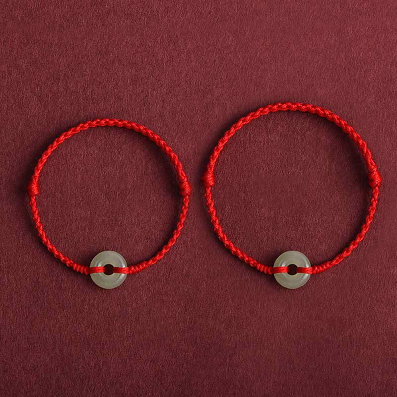 Wear FengShui Natural Hetian Jade Peace Buckle Protection Luck Braided Bracelet Anklet