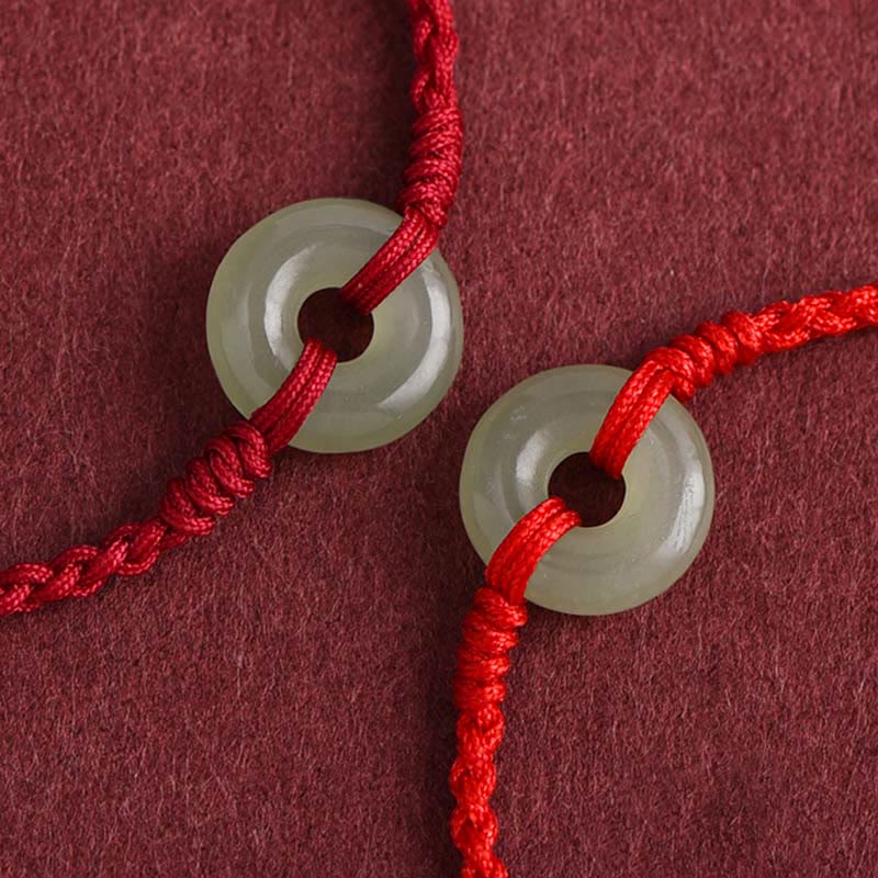 Wear FengShui Natural Hetian Jade Peace Buckle Protection Luck Braided Bracelet Anklet