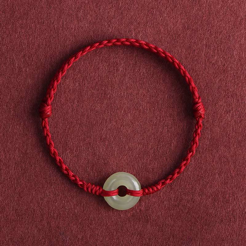 Wear FengShui Natural Hetian Jade Peace Buckle Protection Luck Braided Bracelet Anklet