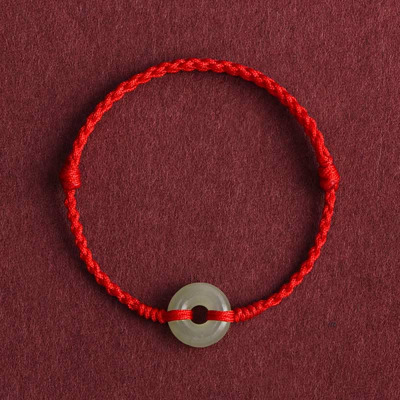 Wear FengShui Natural Hetian Jade Peace Buckle Protection Luck Braided Bracelet Anklet