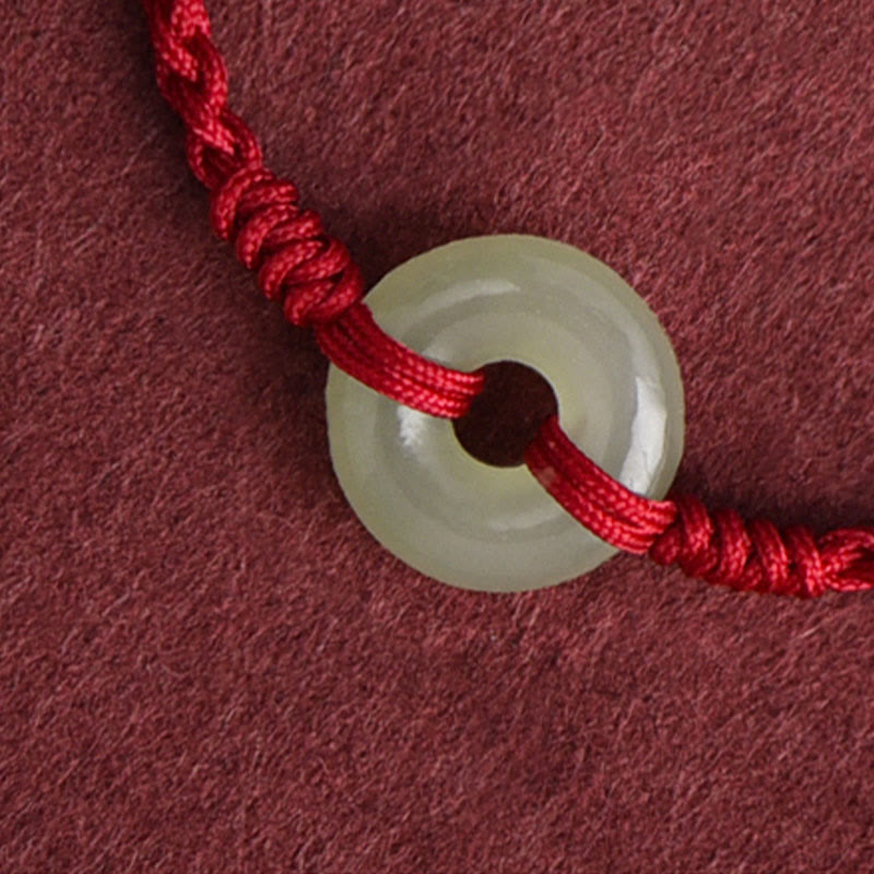 Wear FengShui Natural Hetian Jade Peace Buckle Protection Luck Braided Bracelet Anklet