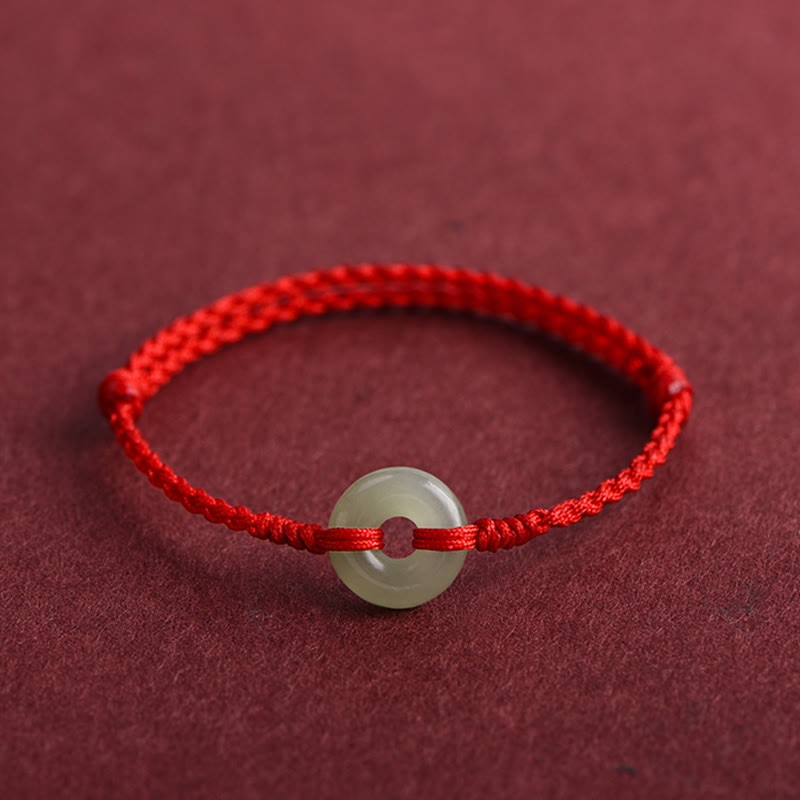 Wear FengShui Natural Hetian Jade Peace Buckle Protection Luck Braided Bracelet Anklet