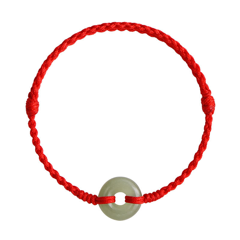 Wear FengShui Natural Hetian Jade Peace Buckle Protection Luck Braided Bracelet Anklet