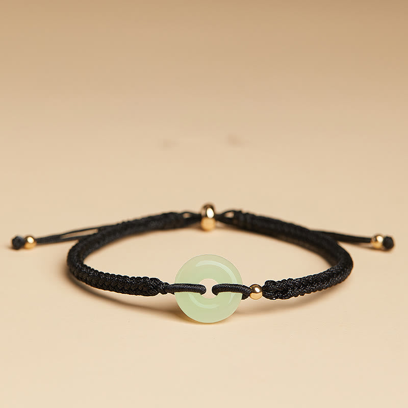 Wear FengShui Natural Hetian Jade Peace Buckle Fu Character Protection Luck Braided Bracelet