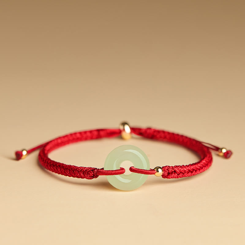 Wear FengShui Natural Hetian Jade Peace Buckle Fu Character Protection Luck Braided Bracelet